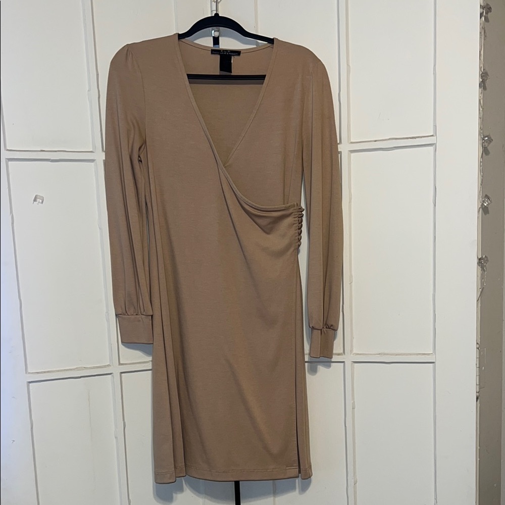 Tan Asymmetrical Wrap Cocktail Dress